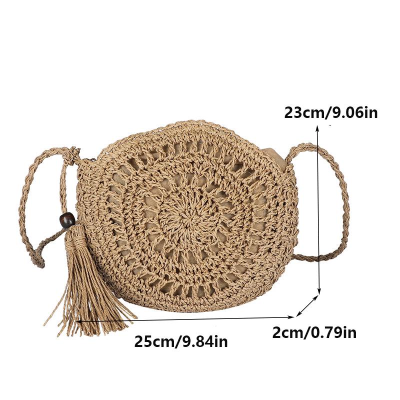 Women Hollow Straw Bag Circle Rattan Bag Round Soft Paper Rope Shoulder MessengerBag Tassel Summer Beach Handmade Crossbody Bags