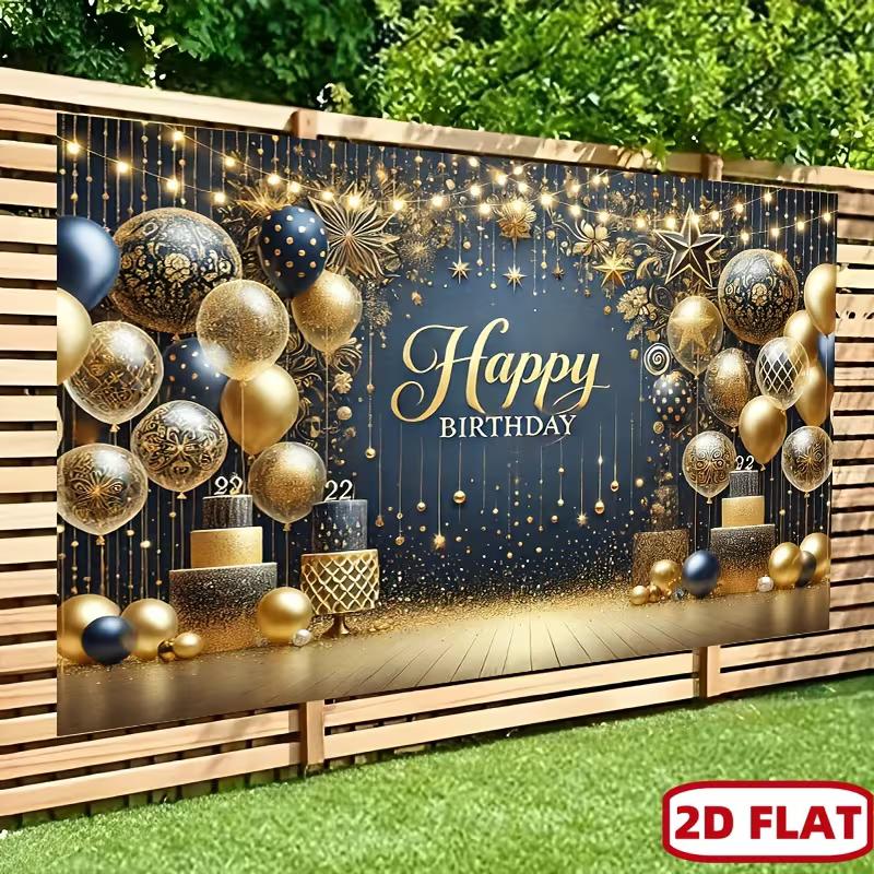 2D Elegant Navy Blue Gold Star Happy Birthday Backdrop for Adult Party