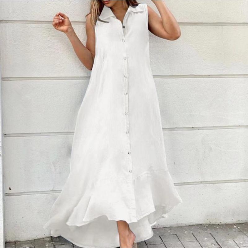 Collare Senza Maniche Cotone Lino Ampio Swing Abito Lungo per Abbigliamento da Donna Abiti Casual