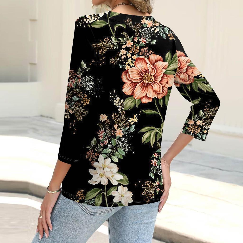 Women's Fashion Casual Printing Button-down Shirt 3/4 Long Sleeve Tops