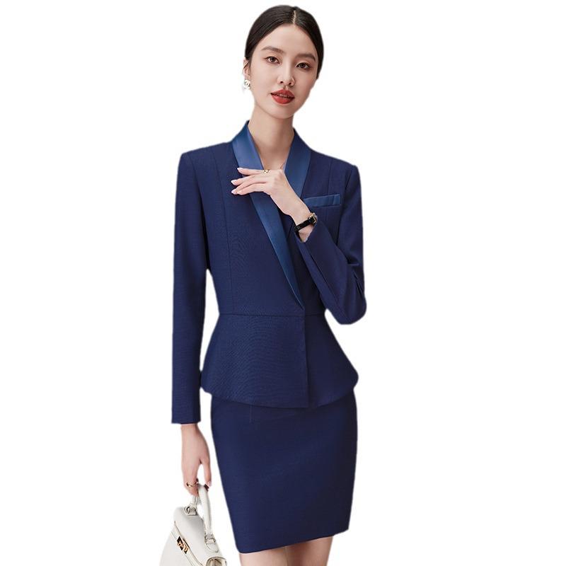 Dark Blue Women's Suit Set: Professional Attire with a Goddess Style – Perfect for Front Desk Workwear.