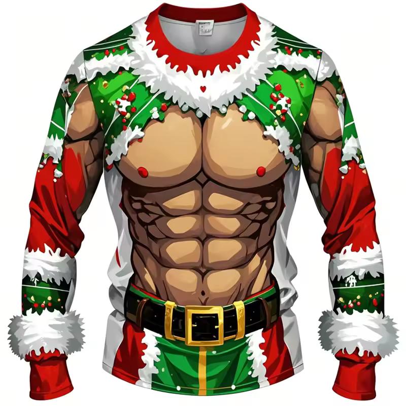 Funny Ugly Santa Claus Fake Muscles 3D Print T-shirts Xmas Men Women Long Sleeve Tees Fashion Oversized Christmas Men's Clothing
