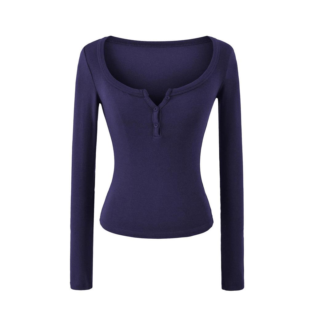 European American Cashmere Spicy Girl Square Neck Long Sleeve Slim Fit T-Shirt with Half Open Collar.