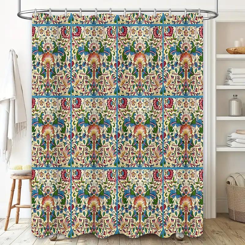 Vintage Floral Shower Curtain Botanical Pattern Bathroom Decor Farmhouse Style Waterproof Fabric Curtain Liner