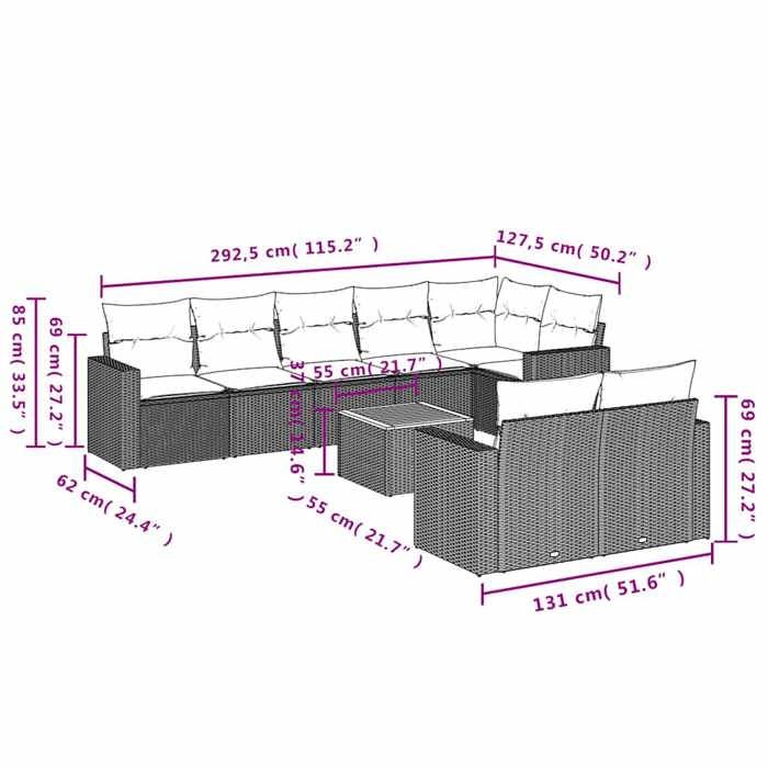 VidaXL Garden Lounge Set with Cushions 9 Pcs, Patio Sofas, Furniture Set, Outdoor Terrace Furniture, Grey 3256544
