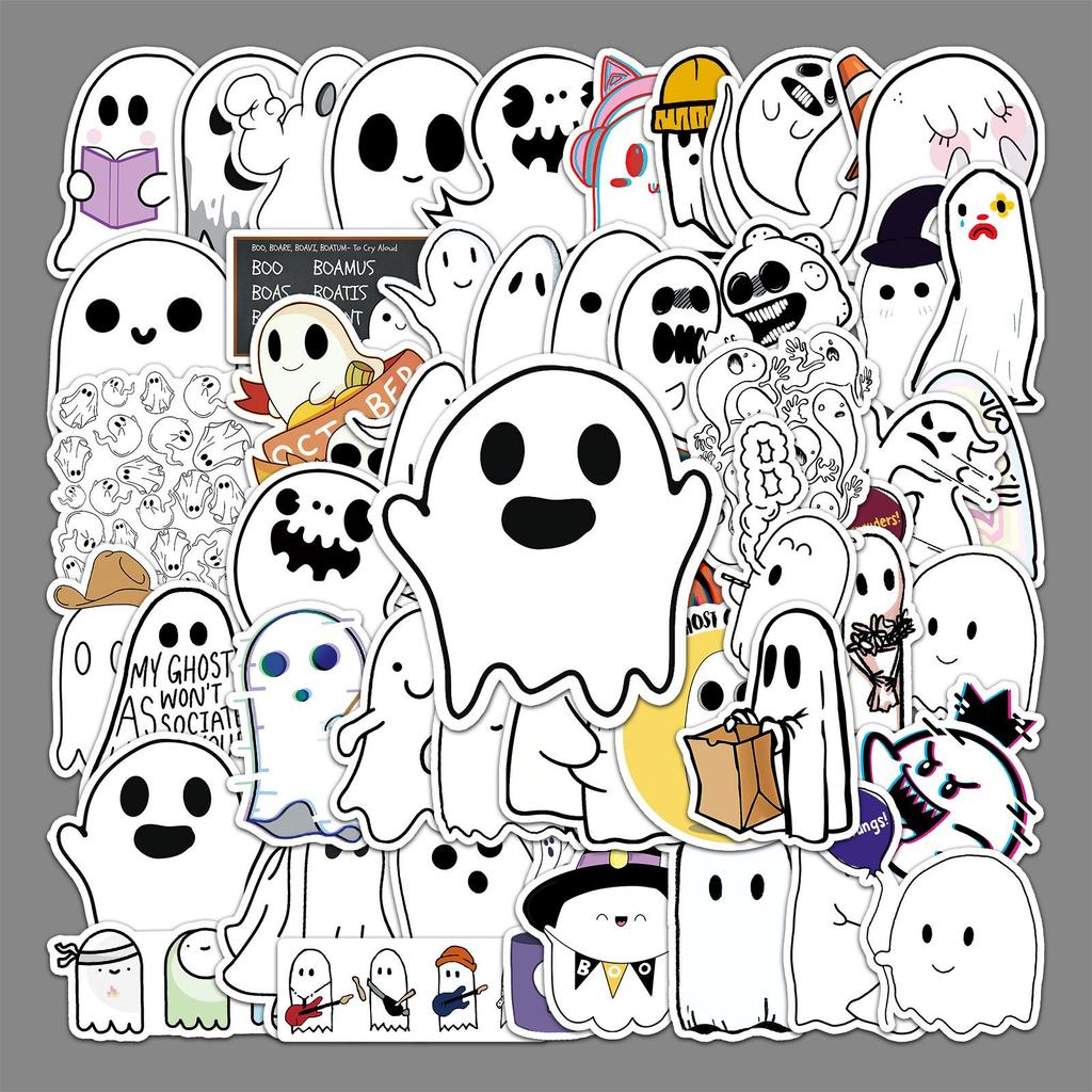 50 Cartoon Ghost Stickers for Halloween - DIY Decorations for Water Bottles, Skateboards, and Luggage