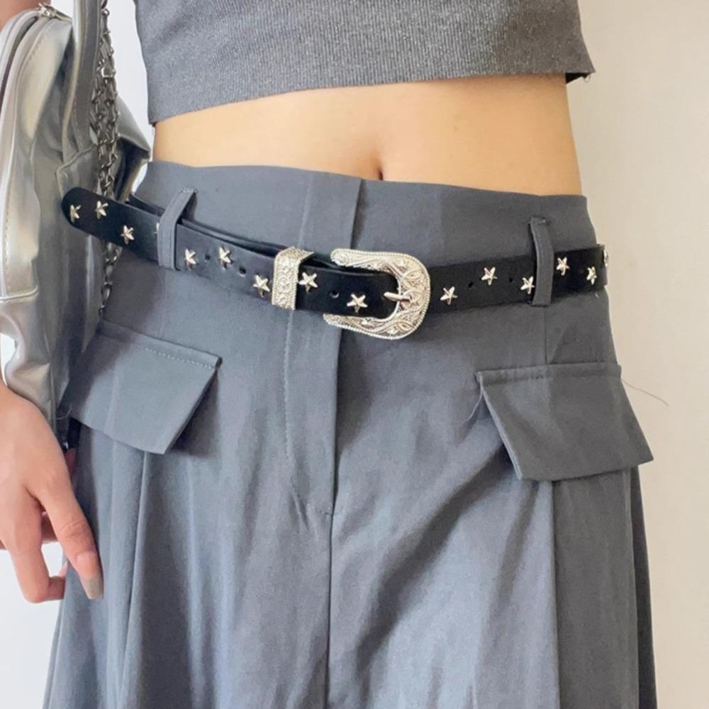 Punk Star Rivet Waist Belt Jeans Decor PU Leather Waistbands Adjustable Y2K Wide Belt Summer