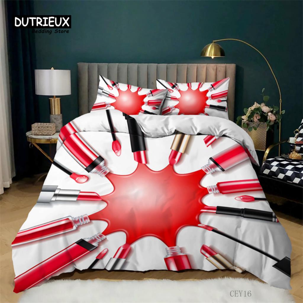Fashion Sleep Bedding Collection Makeup Cosmetic Theme Bedspread Cover Polyester Perfume Lipstick Nail Polish Brush Print Pattern Quilt Cover King