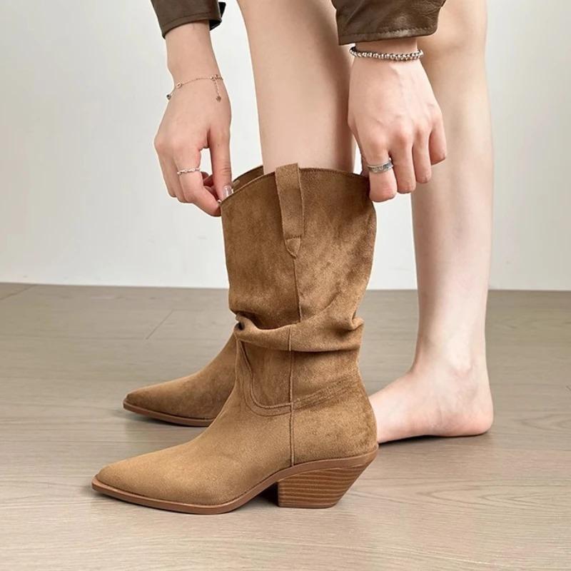 Women's Boots Luxury Suede Leather Casual Boots Fashion Pointed Toe Mid-calf Boots Thick Heeled Western Cowboy Boot Botas Mujer