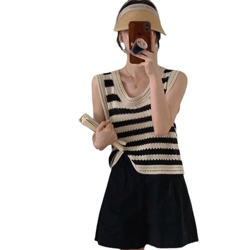 Black and white striped hollow knitted vest women's summer new loose outer wear suspender sleeveless vest shirt
