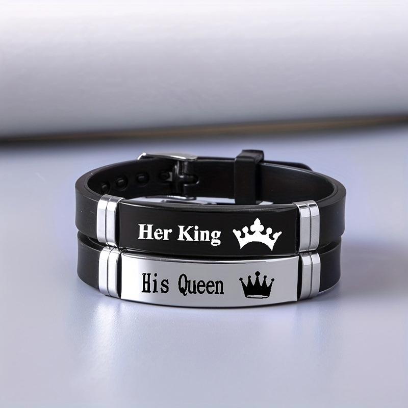 Pulsera de Acero Inoxidable para Hombre y Mujer, Pulsera de Moda Rey Reina, Longitud Ajustable, Pulsera de Silicona, Joyería