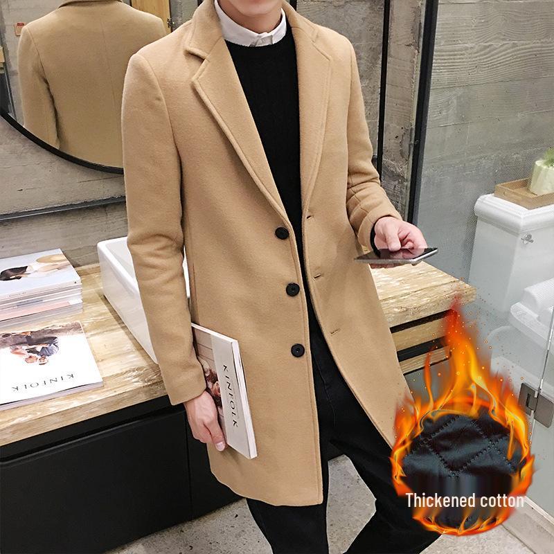 Men's Autumn Winter Wool Trench Coat, Korean Style Slim Fit, Mid-Length, Thickened for Warmth