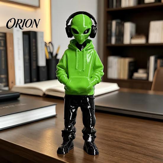 Home Office Desk Accent 3D Printed Alien Figurine with Hoodie And Headphone, Trendy Desktop Decor Ornament, Cyber Style Statue for Gaming Room
