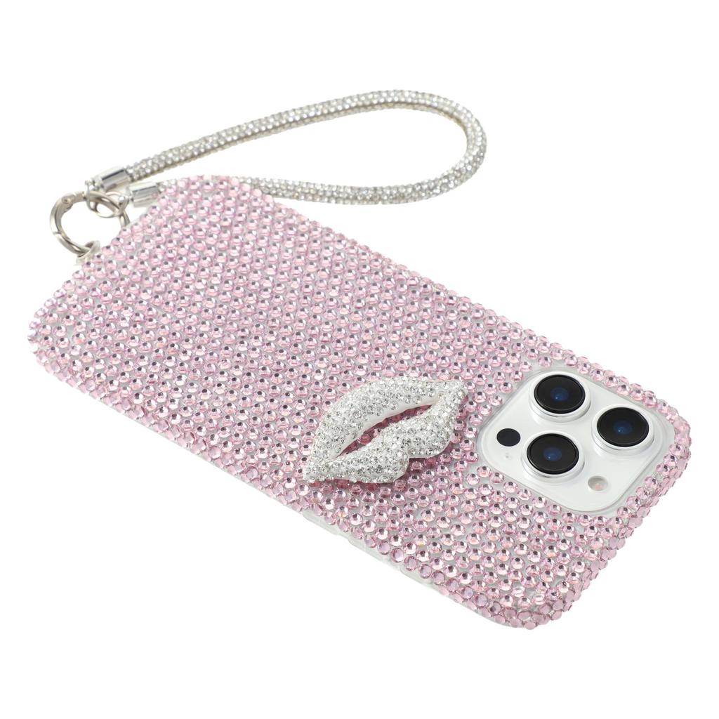 For iPhone 16 Pro Max Case with Strap Full Rhinestone Lip Decor TPU+PC Phone Back Cover