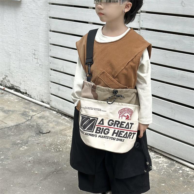 Kids Pattern Letter Drawstring Canvas Shoulder Bag With Sewn Details Use Daily