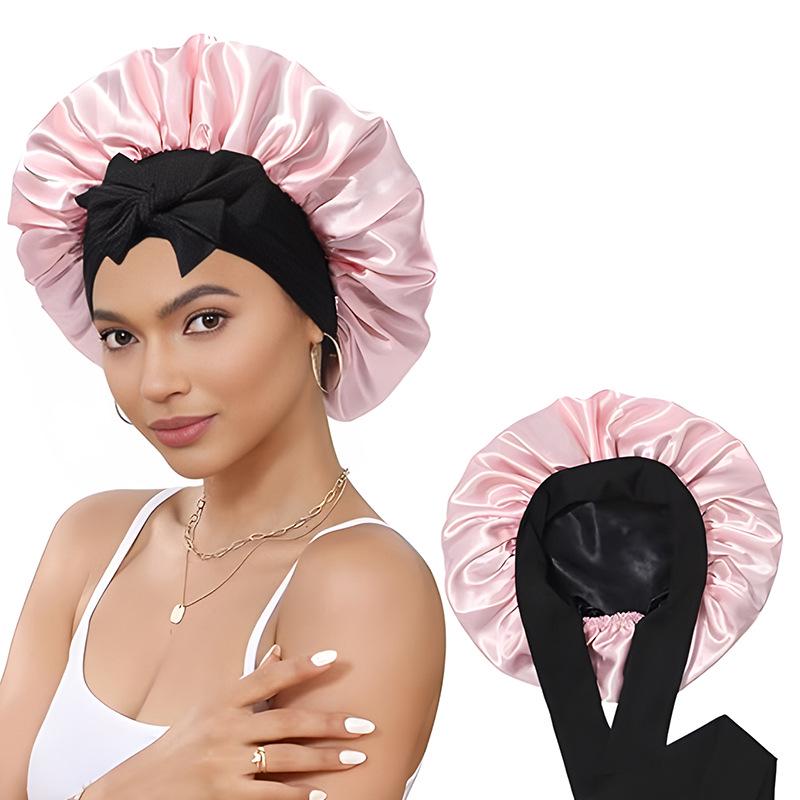 Women's Reversible Double-Layer Satin Nightcap with Ribbon - High Elasticity Round Hat for Hair Protection