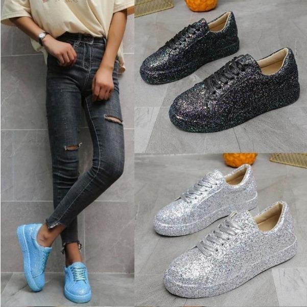 Neue Damen Casual Sneaker Mode Pailletten Schnür-Plateau Vulkanisierte Schuhe für Damen Outdoor Langlebige Flats Damen Laufschuhe