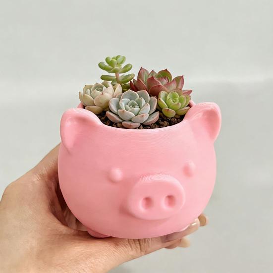 3D Printed Cute Pig Planter Cartoon Animal Shaped Cactus Flower Pot with Drainage Hole for Home Office Desk Decor