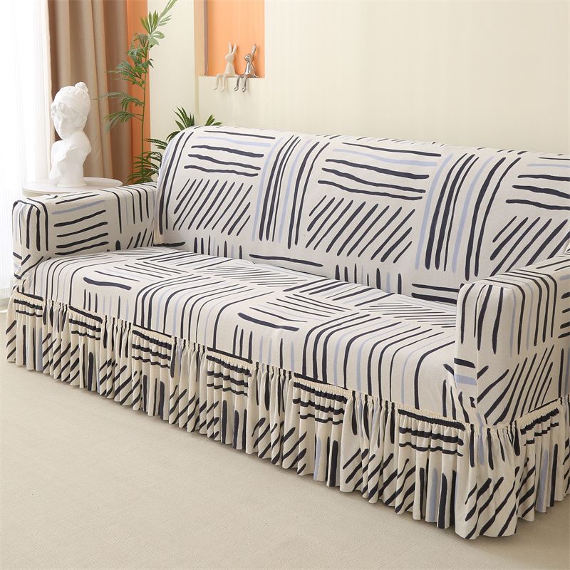 Geometric Elastic Sofa Cover with Skirt Fits Single To Four-Person Sofas Sofa Protection Cover|Elegant Home Accessory|Ruffled Edge Detail