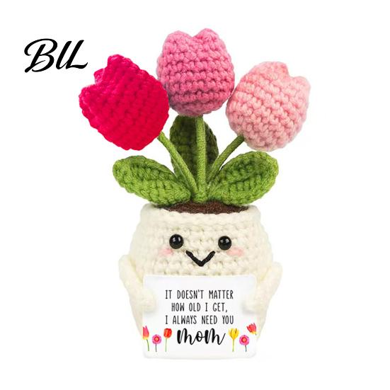 Never Fading Flower Positive Crochet Tulip Wildflower Thank You Gifts for Women Mom Friends Handmade Floral Keepsake Potted Doll with Card Emotional