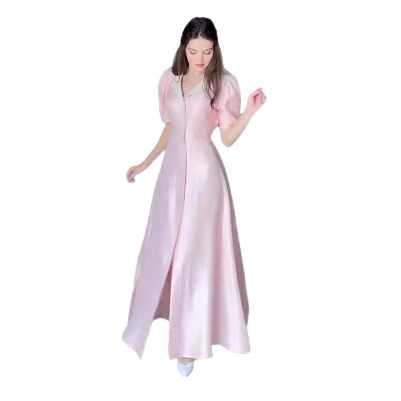 2025 Summer Satin High-Waisted Evening Dress with Slit & Puff Sleeves