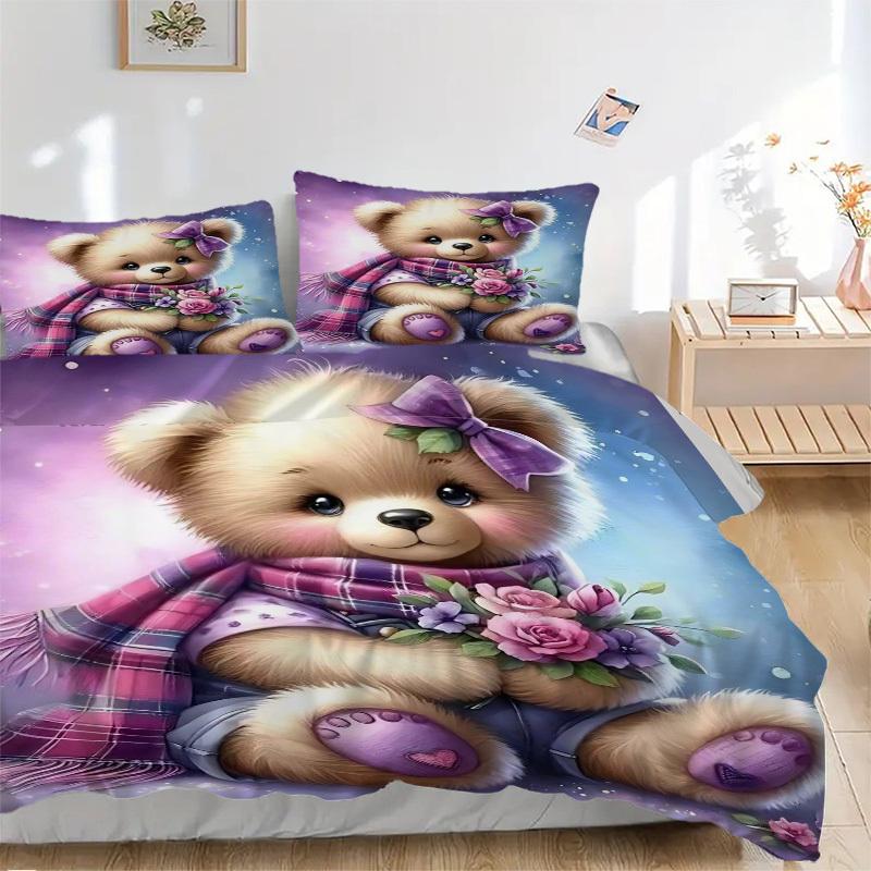 3pcs Anime Cartoon Teddy Bear Bedding Set - Includes One Quilt Cover and Two Pillowcases (No Core) - Polyester Fabric, Suitable for Bedroom