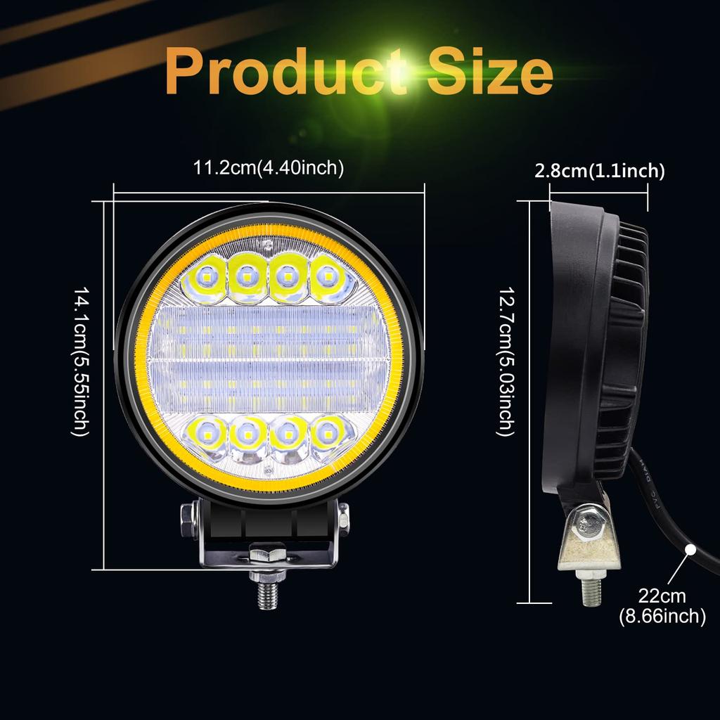72W LED Work with Yellow Halo Ring Light, 4.5-inch Round, Wide/Narrow Angle, White, 6500K, 12V-80V Compatible, Waterproof, Universal,