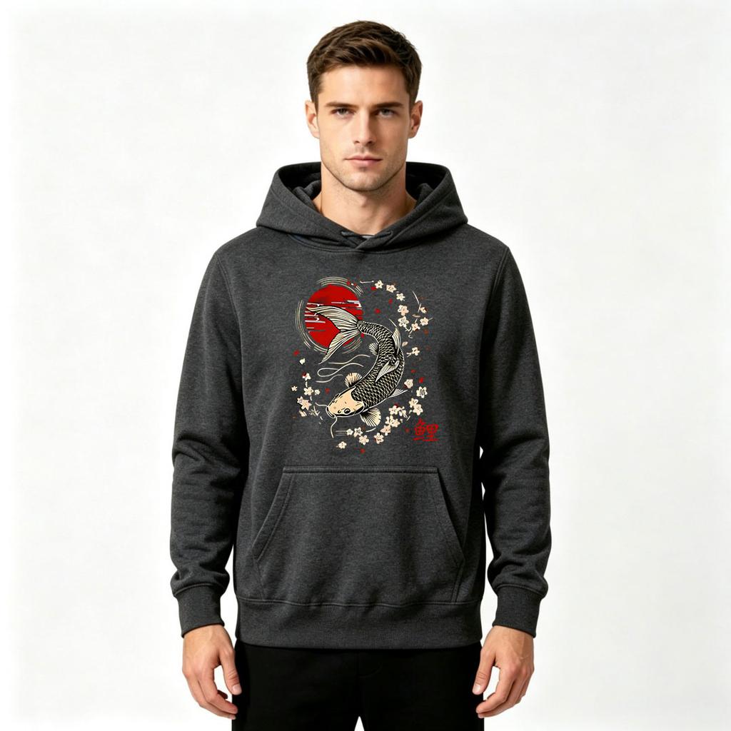 Men's Casual Loose Hoodie Japanese Ukiyo-e Koi Fish Cherry Blossom Red Sun Print Long Sleeve Streetwear Pullover Hooded Sweatshirt For Daily Wear