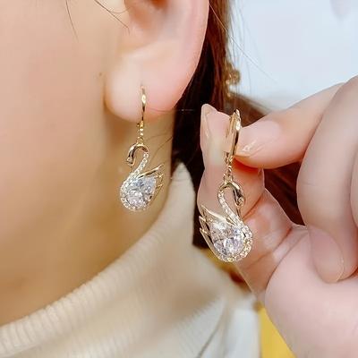 1 Pair of Golden Swan Zircon Drop Earrings, Sparkling and Elegant Daily Party Earring Gift, Elegant Swan Dangle Earrings Luxury