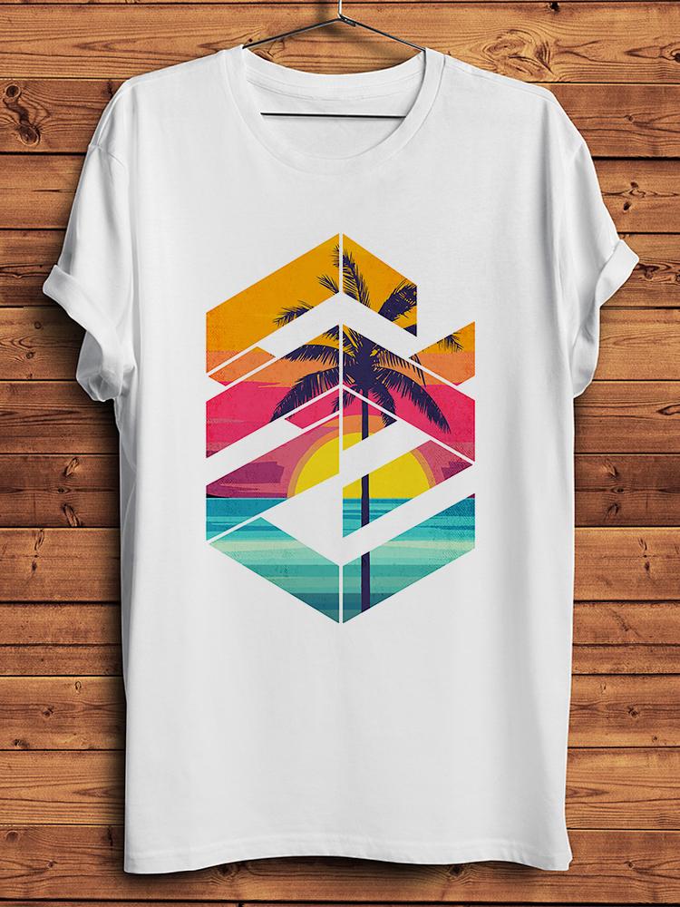 Sunset Sunrise Palm Beach Funny Nature Style T Shirt Unisex White Casual Unisex Short Sleeve Tshirt Homme Breathable Print