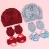 Baby Turban Hat Hospital Nursery Hat with Gloves & Feet Bowknot Newborns Soft Bonnet Caps Set for Baby 0-3 Month