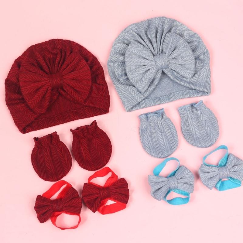 Baby Turban Hat Hospital Nursery Hat with Gloves & Feet Bowknot Newborns Soft Bonnet Caps Set for Baby 0-3 Month
