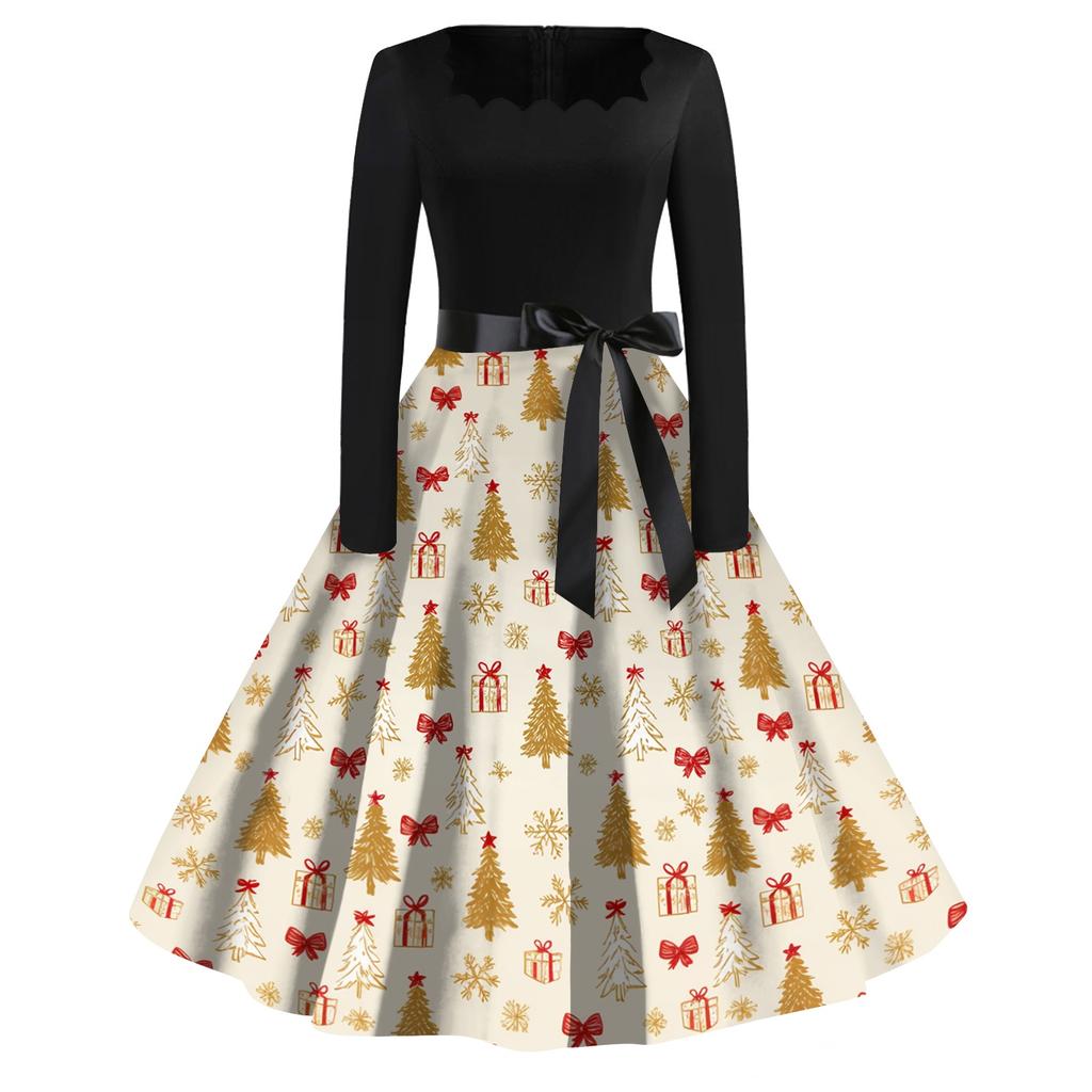Women's Casual Fashion Christmas Print Square Neck Vintage Dress for Holiday Party