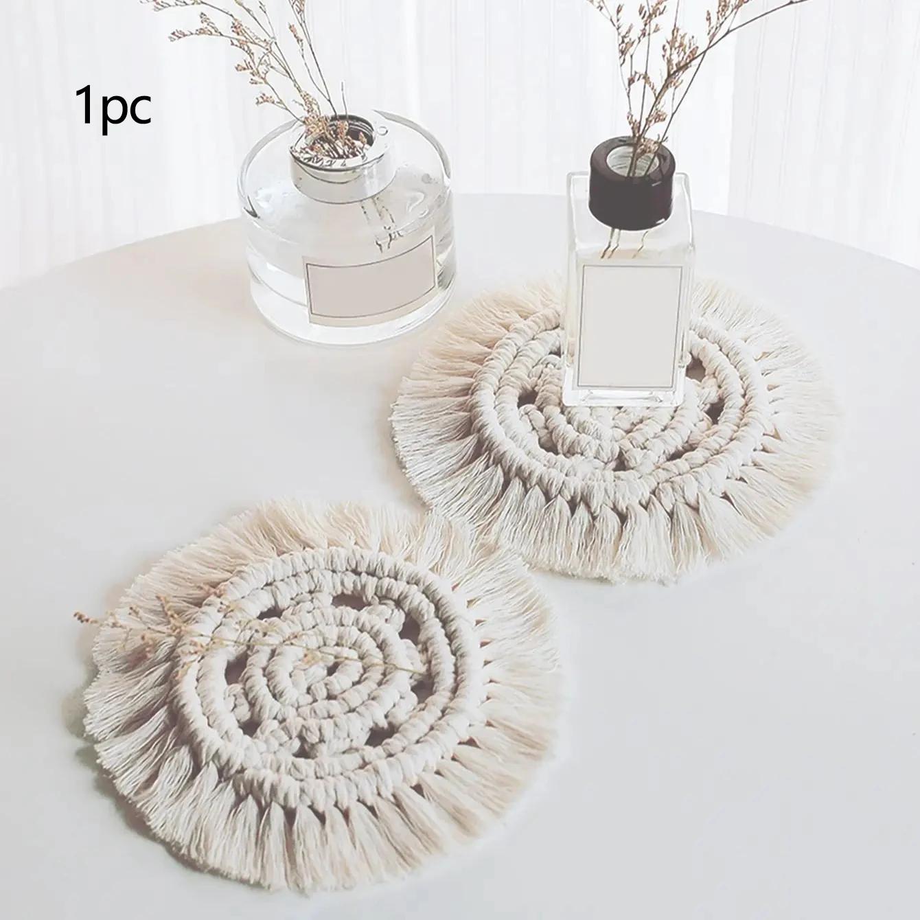 

1pc/2pcs-Round Braid Coaster Tassel Placemat Handmade Cup Cushion Non-slip Cup Mat Coffee Pad Table Decor For Restaurant Use M