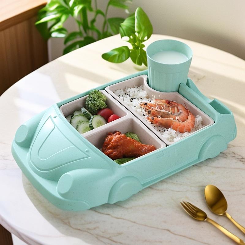 Bamboo Fiber Kids' Cartoon Car Tableware Set – Creative Divided Bowl Gift