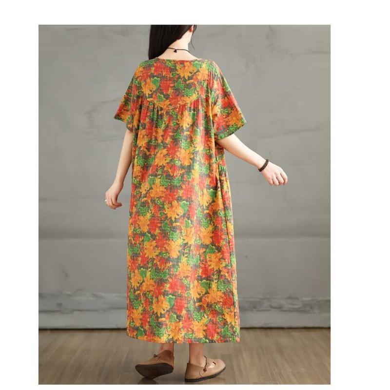 Summer Retro Cotton and Linen Round Neck Short Sleeved Dress, Women's Loose Skirt