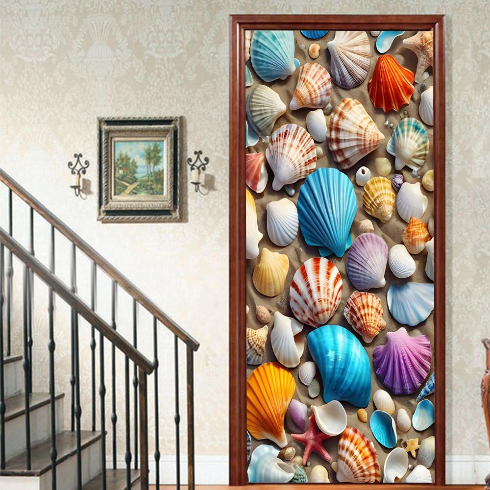 1pcs Porch Beach Scenery Shell Vinyl Door Sticker For Bedroom Home Decor Self Adhesive Removable Wall Decal Door Renovation Waterproof Poster