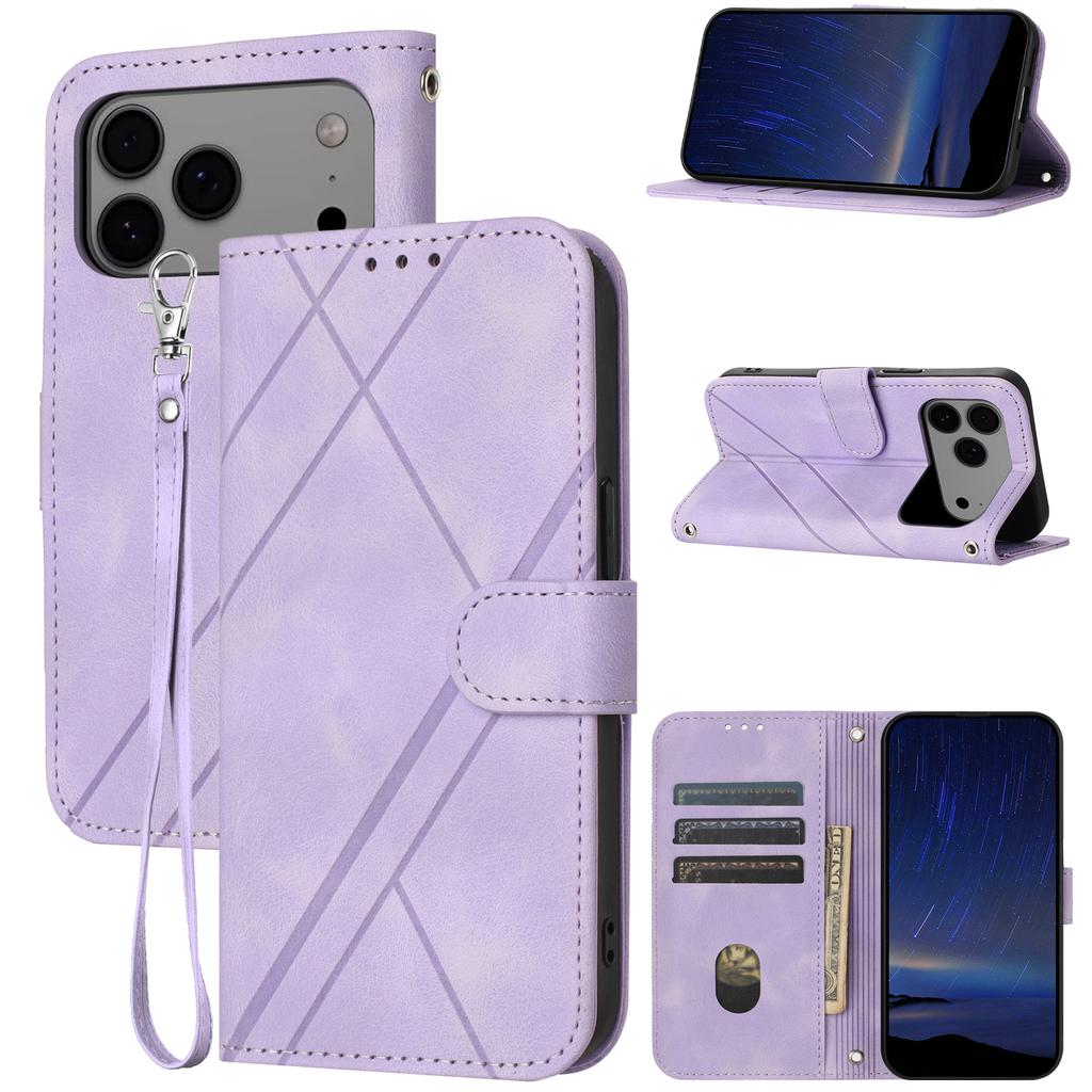 For iPhone 17 Pro Max Case Imprinted Line Leather Phone Cover with Handy Strap