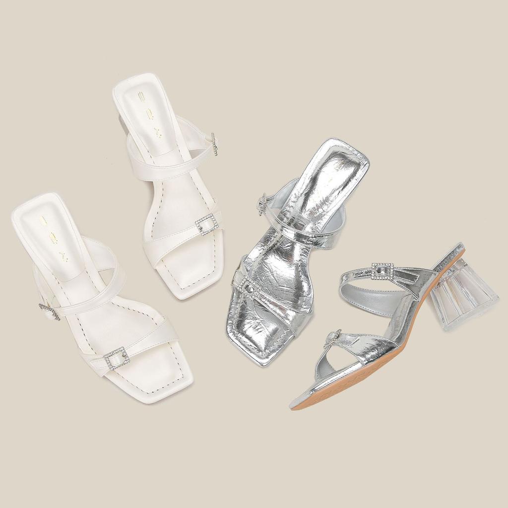 H368-1 Silberne High-Heel-Slipper mit Strass-Dekoration, Zehenoffene Sommersandalen für Damen, Transparenter Kristallabsatz, Kleiner Duft