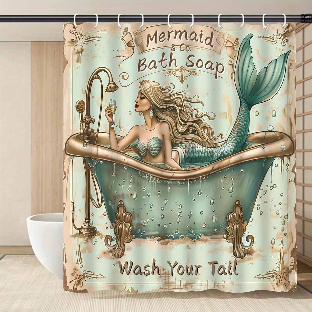 Vintage Mermaid Shower Curtain, Waterproof Polyester, Retro Bathroom Decor, Modern Home Gift For Women & Adults