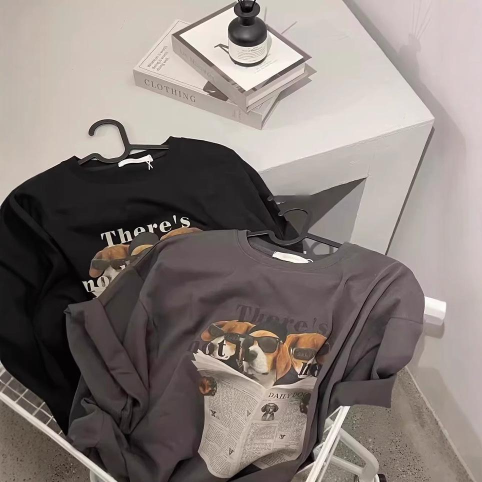 Pure Cotton Top Summer New Versatile Loose Cartoon Dog Round Neck Short-sleeved T-shirt for Women