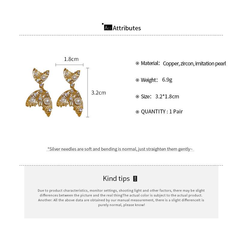 Elegant Zircon Faux Pearl Fishtail Sterling Silver Earrings - French Luxury Design for Women