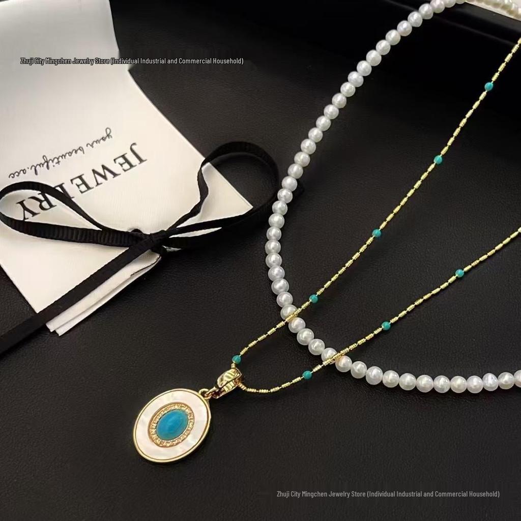 Double-Layer Turquoise & Freshwater Pearl Baby Necklace, 3-4mm, Versatile Wear