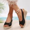 Fashion Sexy Black Peep Toe Sandals Women 2025 Summer Wedge Heels Back Strap Shoes Women Casual Hemp Sole Beach Sandals Plus Size 43