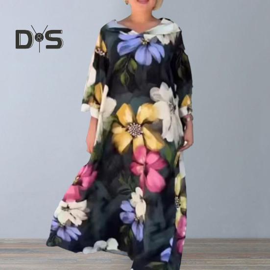 

Women Fall Dress Flower Print Rich Colors Hooded Loose Three Quarter Sleeves A line Colorfast Ankle Length Maxi Dress
