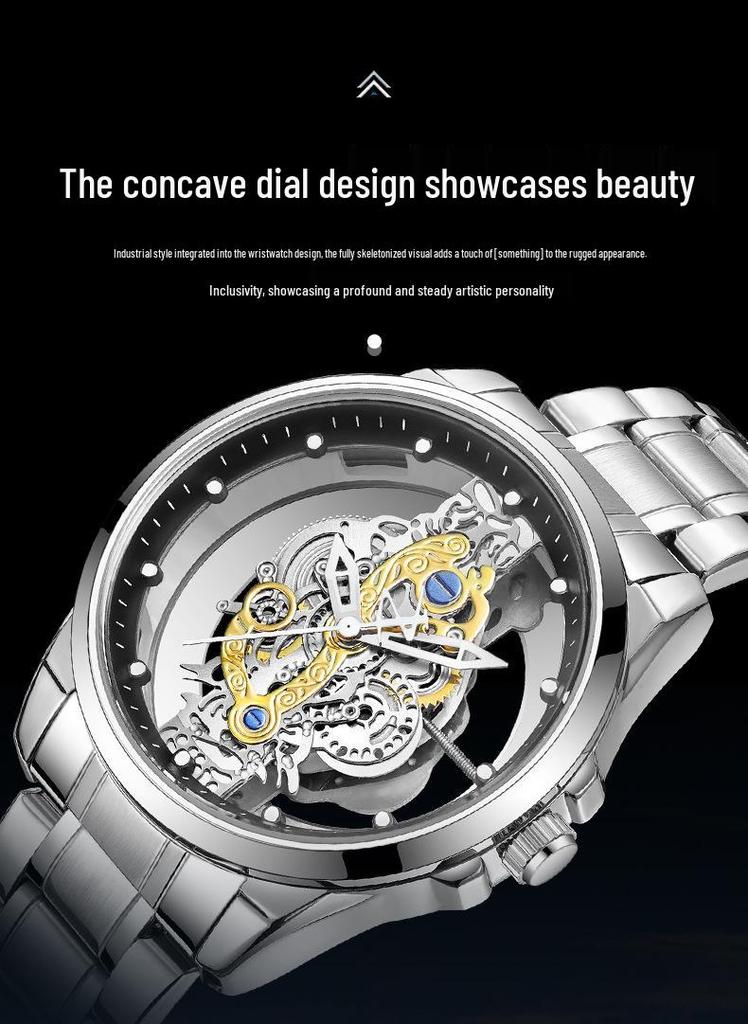 Jindun Double-Sided Transparent Hollow Waterproof Luminous Men's Quartz Watch