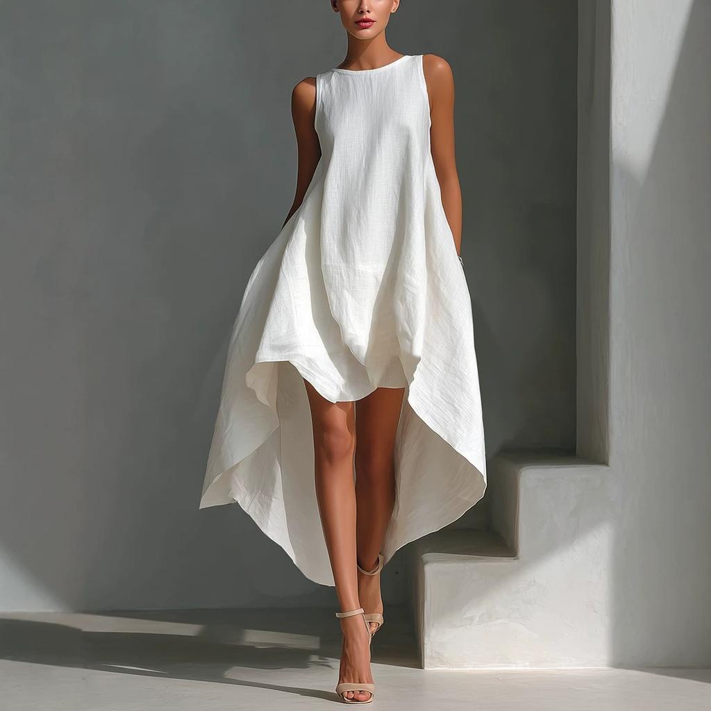 Rochie de vară stil nou, scurtă în față și lungă în spate, neregulată, fără mâneci, pentru vacanță, femei