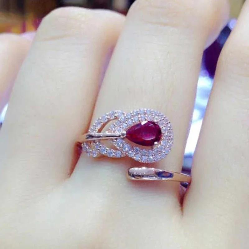 Plated Rose Gold Feather Ring for Women New In Inlaid Red Gem Creative Light Luxury Wedding Zircon Adjustable