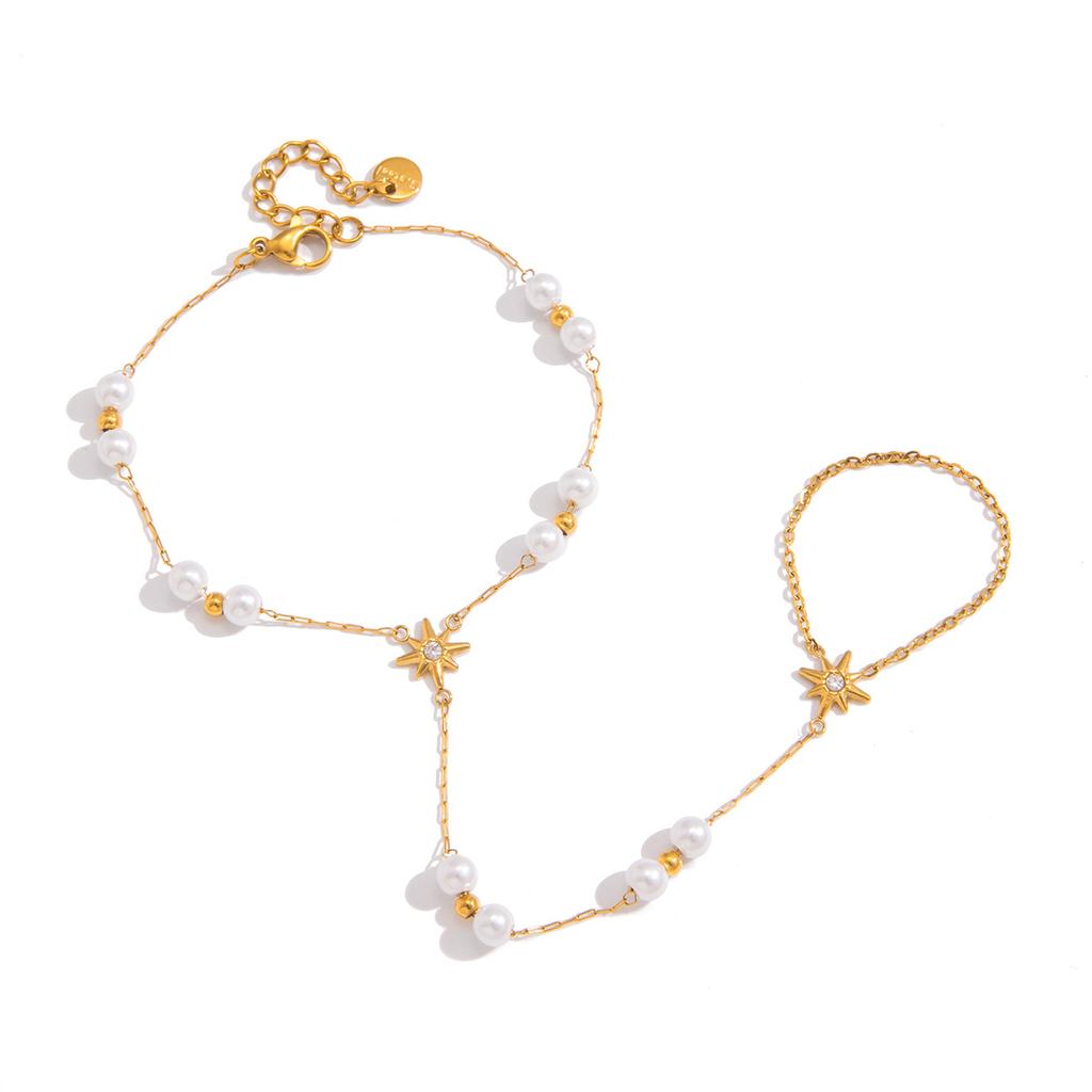 Stainless Steel Pearl Bracelet with Finger Design for Women Waterproof Zircon Sun Hand Chain Party Gift Jewelry Chains Bracelets