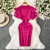 Summer Women Elegant Ruffle Metal Button Office Work Knitted Sheath Sweater Mini Dresses